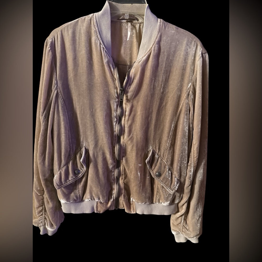 FREE PEOPLE sand beige Tan Velvet Bomber Jacket ruched small petite